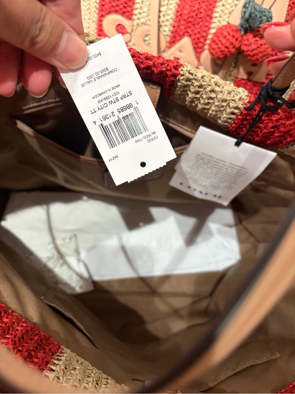 Coach Red and Cream Striped Crochet Tote with Pom-Pom Charm straw city tote new - Picture 10 of 14